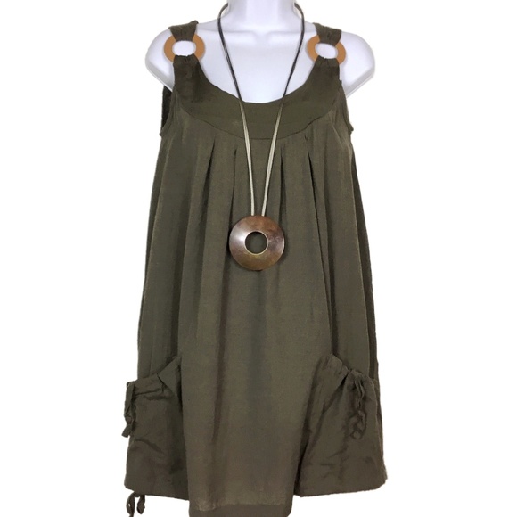 Janina Tops - Brown Lagenlook Tunic Cargo Dress with Drawstrings